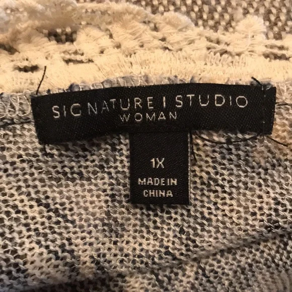 Signature Studio Woman 1X Aztec Crochet Fringe Top 3/4 Sleeve Geometric Boho - Picture 2 of 15